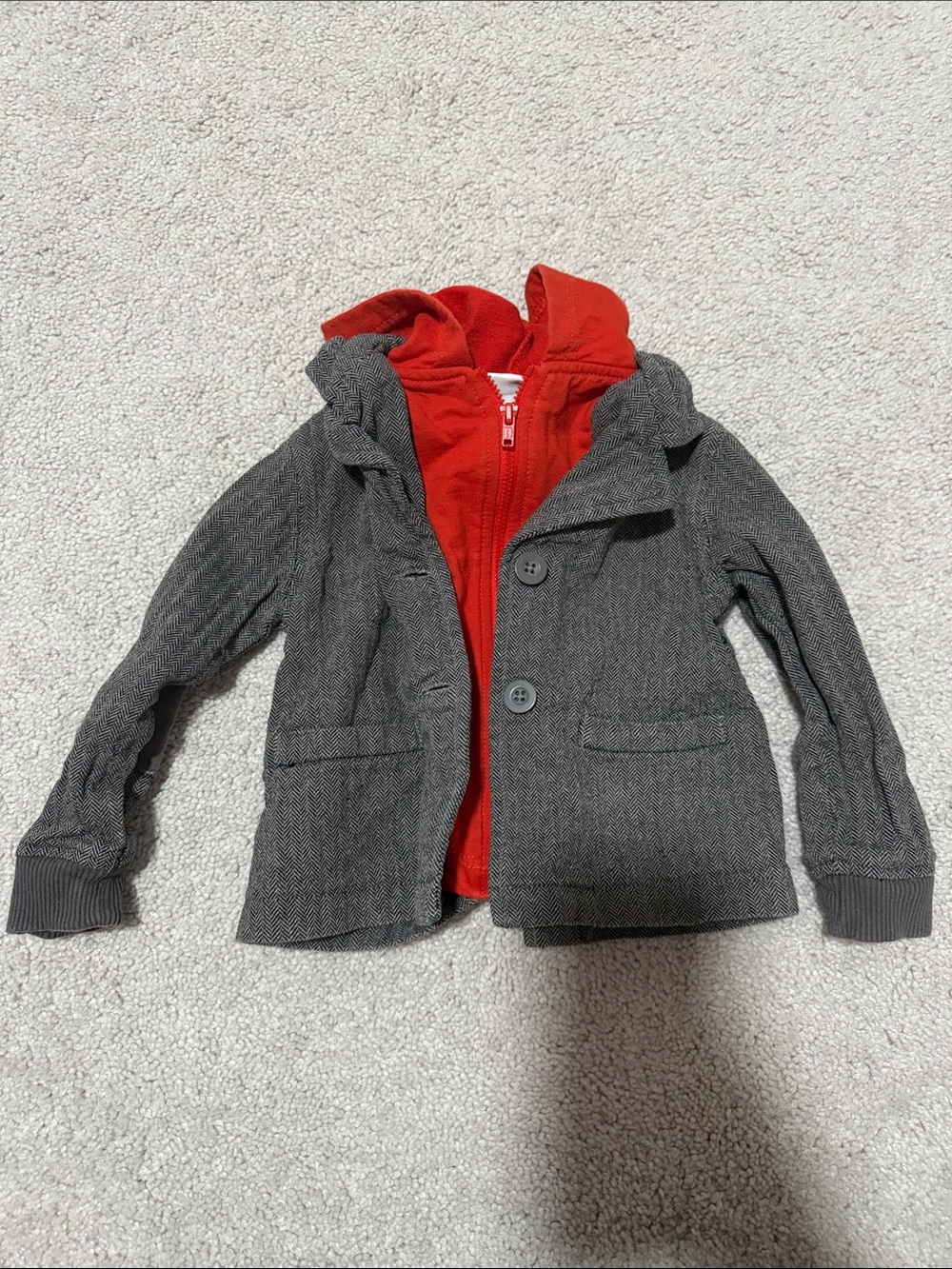 Kids Gray Herringbone Jacket with Red Hooded Liner